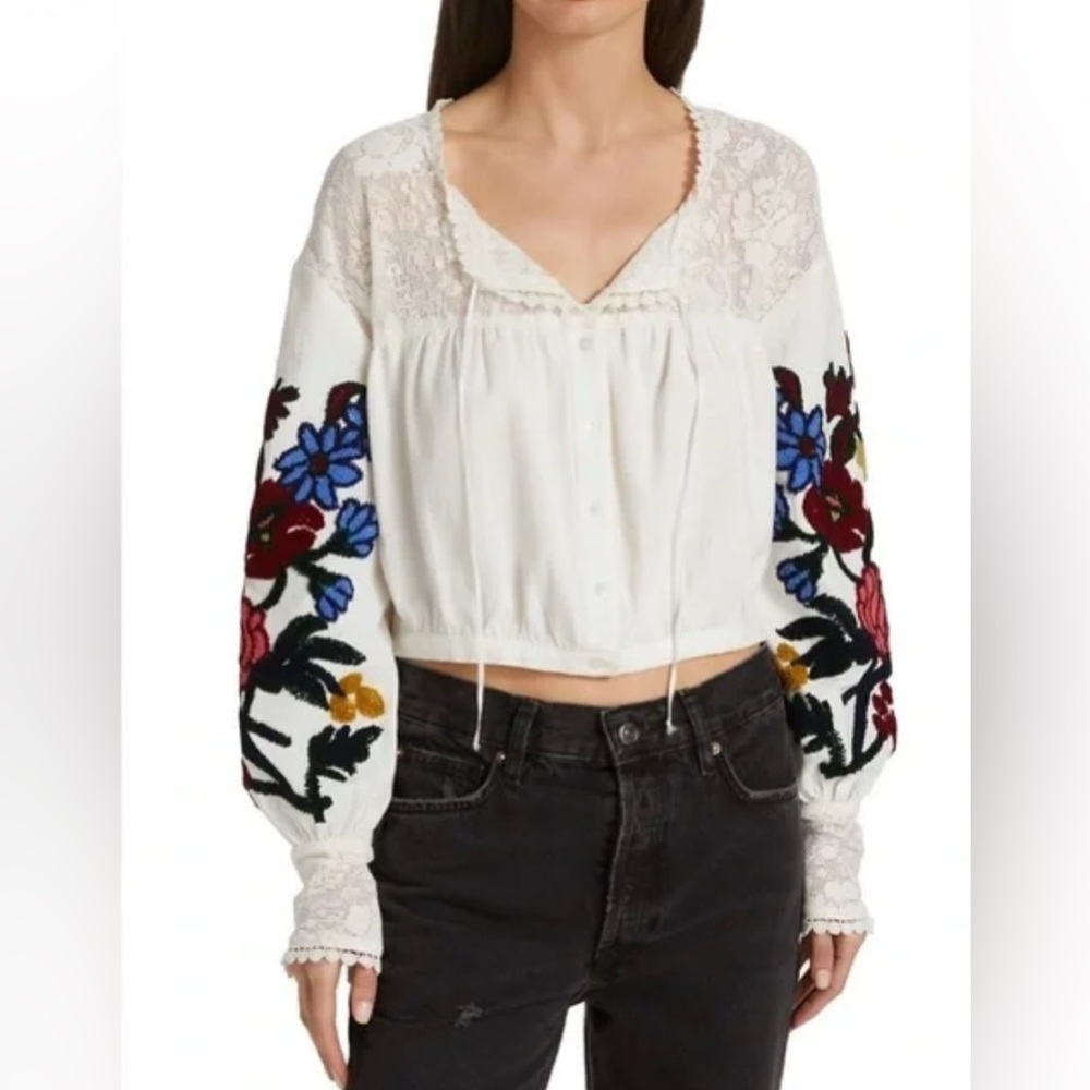 Free People Peasant Lace Floral Embroidered Crop Top Coquette Fairy Hippie